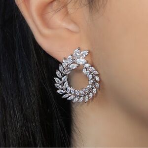 Gold / Silver Diamond Leaf Earrings, Cubic Zirconia Wreath Earring, Dainty